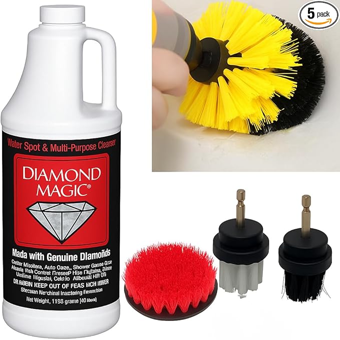 Hard Water Spot & Grime Remover Kit – Diamond Magic 40oz Cleaner + 4 Drill Scrub Brushes for Glass, Tile, Chrome, Fiberglass & More