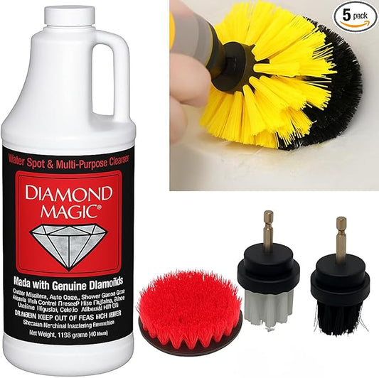 Hard Water Spot & Grime Remover Kit – Diamond Magic 40oz Cleaner + 4 Drill Scrub Brushes for Glass, Tile, Chrome, Fiberglass & More