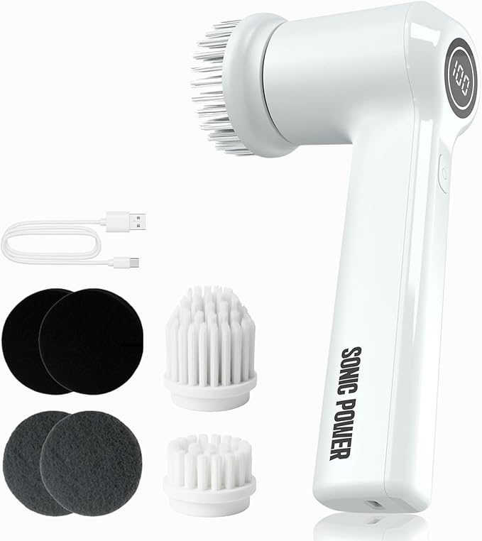 Electric Spin Scrubber – Handheld & Ergonomic, IPX7 Waterproof, 4 Multi-Purpose Brush Heads, Long-Lasting Rechargeable Battery – Cleans Dishes, Bathroom, Tile, Grout & Kitchen (White)