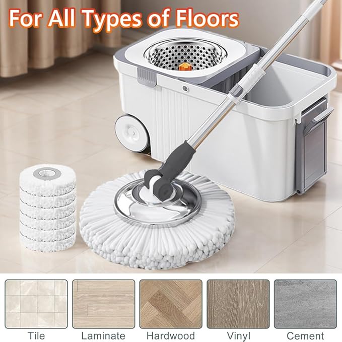 Automatic Spin Mop & Bucket Set, 360° Spinning Mop System with 6 Extra Refill Heads and Refills Extended Handle, Hand-Free Automatic Dehydration Mop for Household Floor Cleaning
