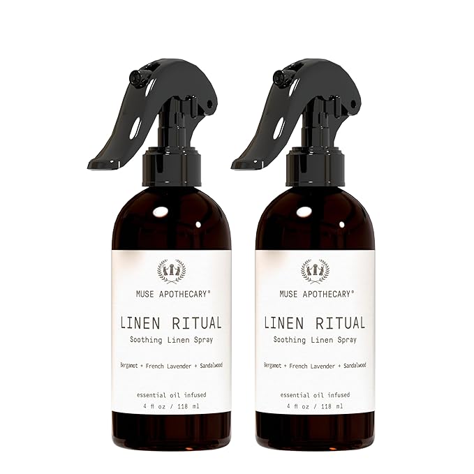 Muse Apothecary Linen Ritual - Aromatic, Soothing, and Relaxing Linen Mist, Laundry and Fabric Spray - Infused with Aromatherapy Essential Oils - 4 oz, Bergamot + French Lavender + Sandalwood, 2 Pack