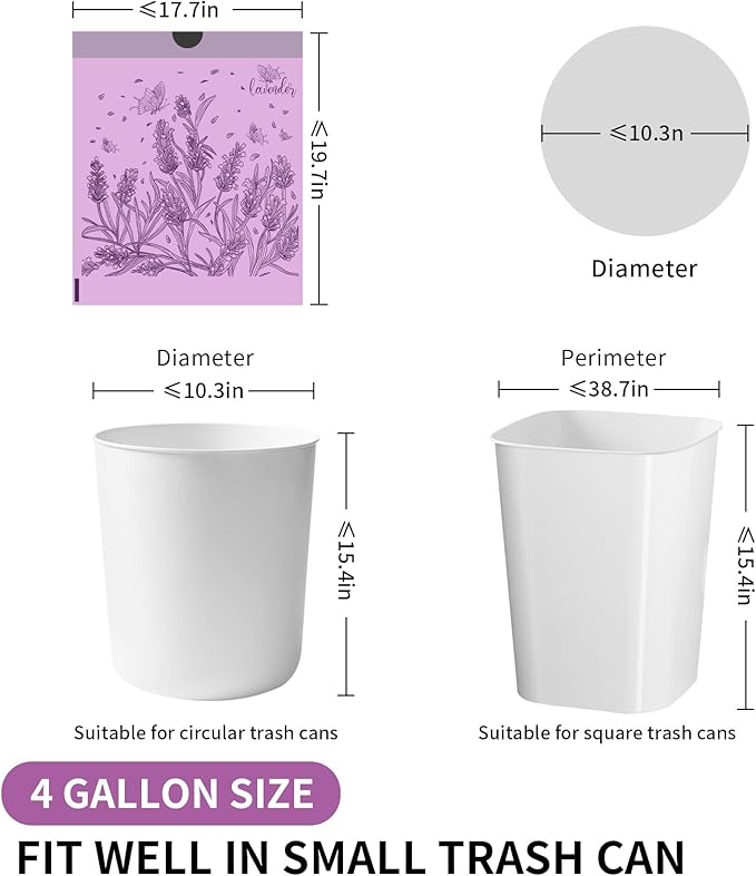 Trash bags, 4 Gallon Trash Bags Drawstring, Colorful & Portable Small Trash Bags with Lavender Printed, Tear-Resistant Garbage Bags 4 Gallon for Bathroom Office Trash Cans, 50 Count