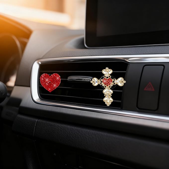 2PCS Bling Car Vent Clip Car Accessories, Crystal Rhinestone Cross and Heart Car Air Fresheners Vent Clips, Diamond Auto Air Conditioner Outlet Decoration Charm for Women