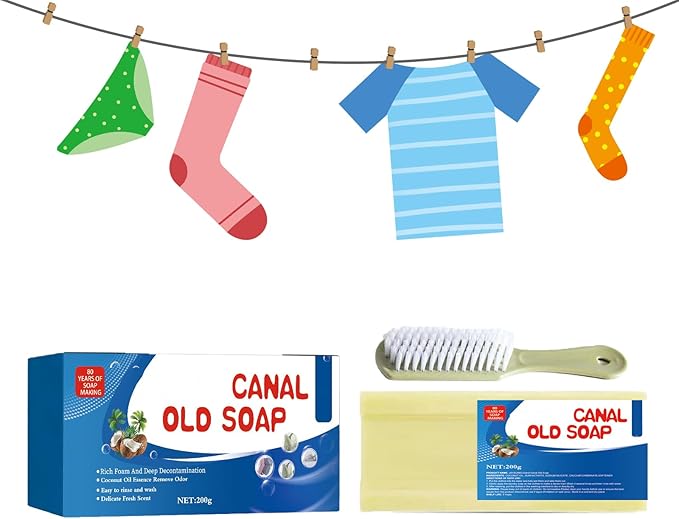 Canal Old Soap with Brush, Canal Soap Bar for Stains, Magic Soap Bar Stain Remover Easily Remove Stains from Clothes (1Pcs)