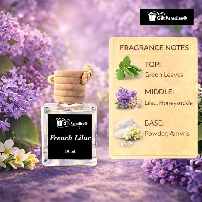 Gift Paradise® French Lilac Car Air Freshener Set of 3 (10 ml Each), Hanging Diffuser with Wooden Lid, Clean Floral Spring Scent for Car Mirror, Home & Closet