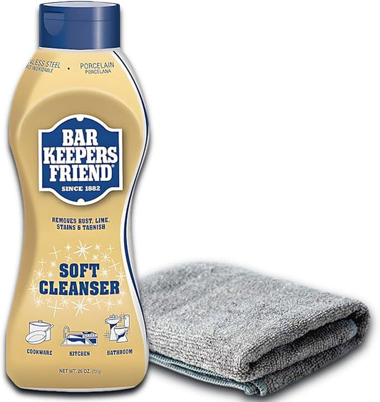 Bar Keepper's Friends Soft Cleanser & Microfiber Cloth - 26oz Powerful Multipurpose Cleaner for Kitchens, Bathrooms, Sinks, Cookware, Showers, Tubs, Tiles, Stovetops, and More