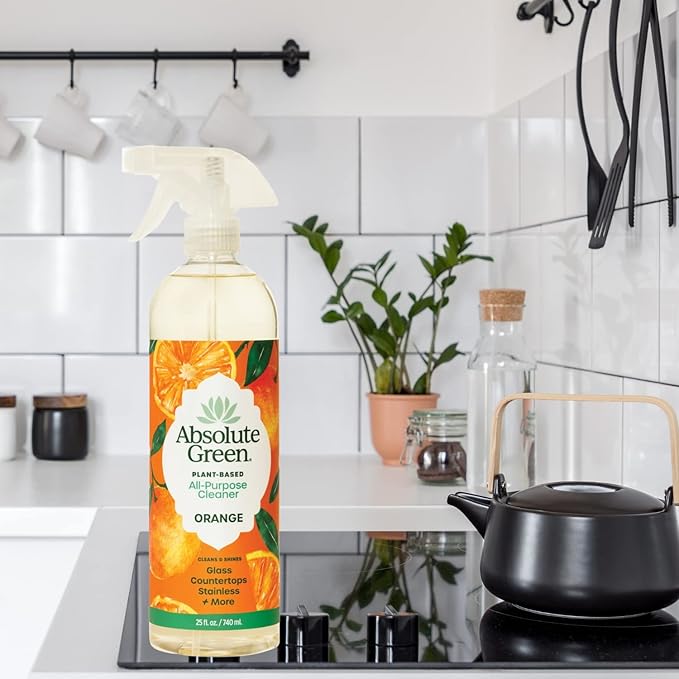 Absolute Green All Purpose Cleaner Spray, Non-Toxic, Kitchen, Bath, Countertop, Stainless, Safe around Kids + Pets, Natural Orange Scent, 25 oz (6 Pack)