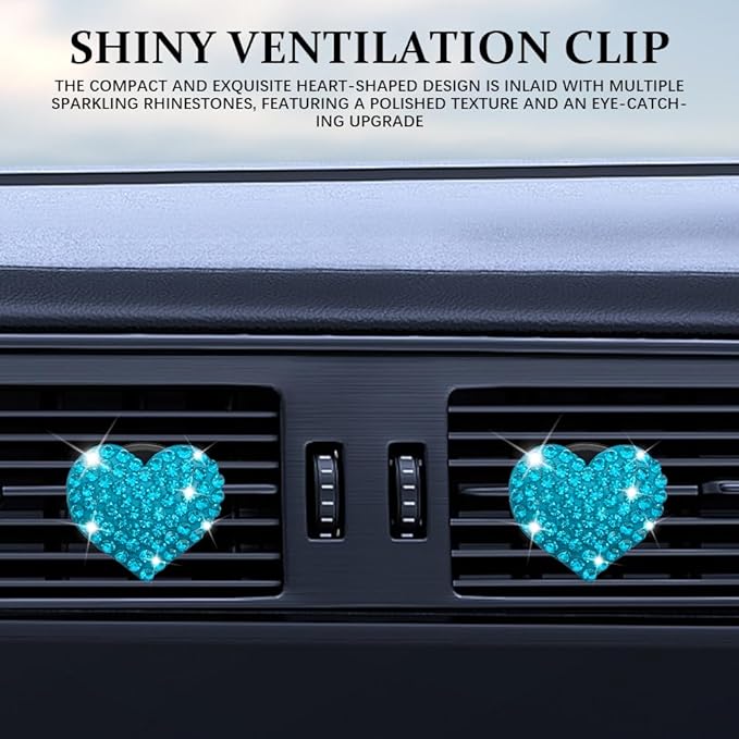 4PCS Heart-Shaped Car Vent Clip with Rhinestone, Vent Clip Car Accessories, Sparkly Rhinestone Bling Diamond Freshener Holder, Air Conditioning Outlet Ornament for Women Girls (Blue, Style1)