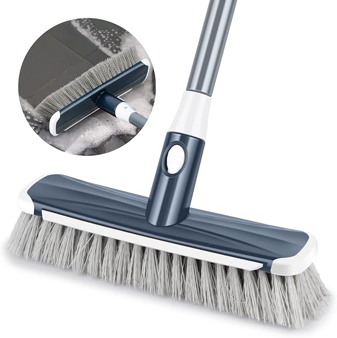 Floor Scrubber with Long Handle, 2 in 1 Scrubbing Brush Stiff Bristle Shower Cleaning Brush for Bathroom, Kitchen, Tub, Carpet, Grout, Tile(Gray)