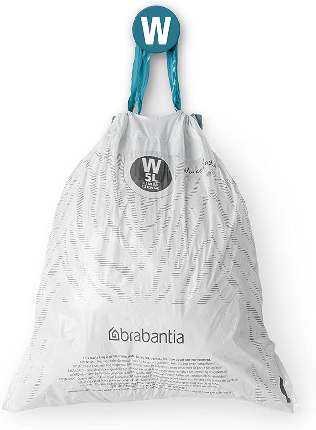 Brabantia PerfectFit Trash Bags (Size W/1.3 Gal) Thick Plastic Trash Can Liners with Drawstring Handles (200 Bags)