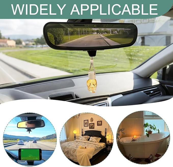 7PCS Car Hanging Diffuser, Car Air Freshener Diffuser Bottle, 8ML Empty Clear Glass Skull Style Empty Bottle, Universal Car Perfume Aromatherapy Essential Oil Pendant Bottle for Women Men