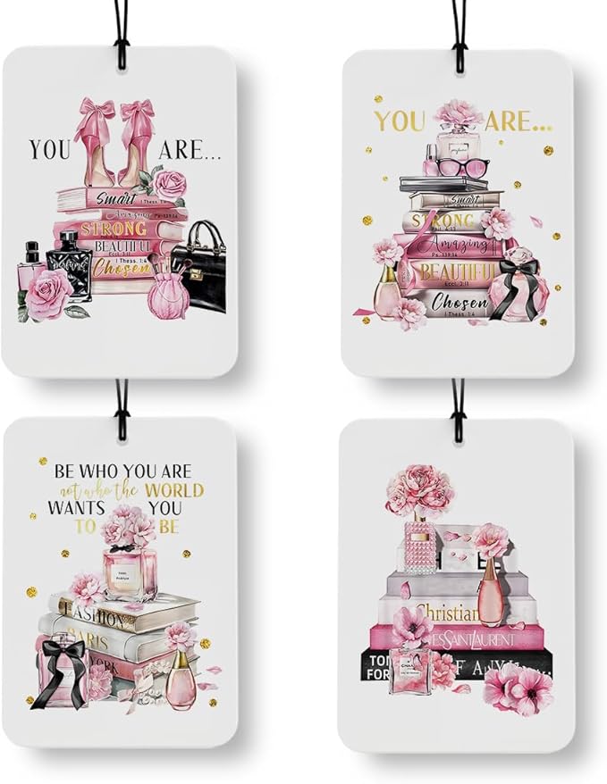 Pink Inspirational Christian Car Air Freshener 4 Pcs, Funky Y2K Girly Cosmetics Book Religious Air Freshener Hanging Decor for Bathroom Cars Closet Drawer Books Accessories Gifts