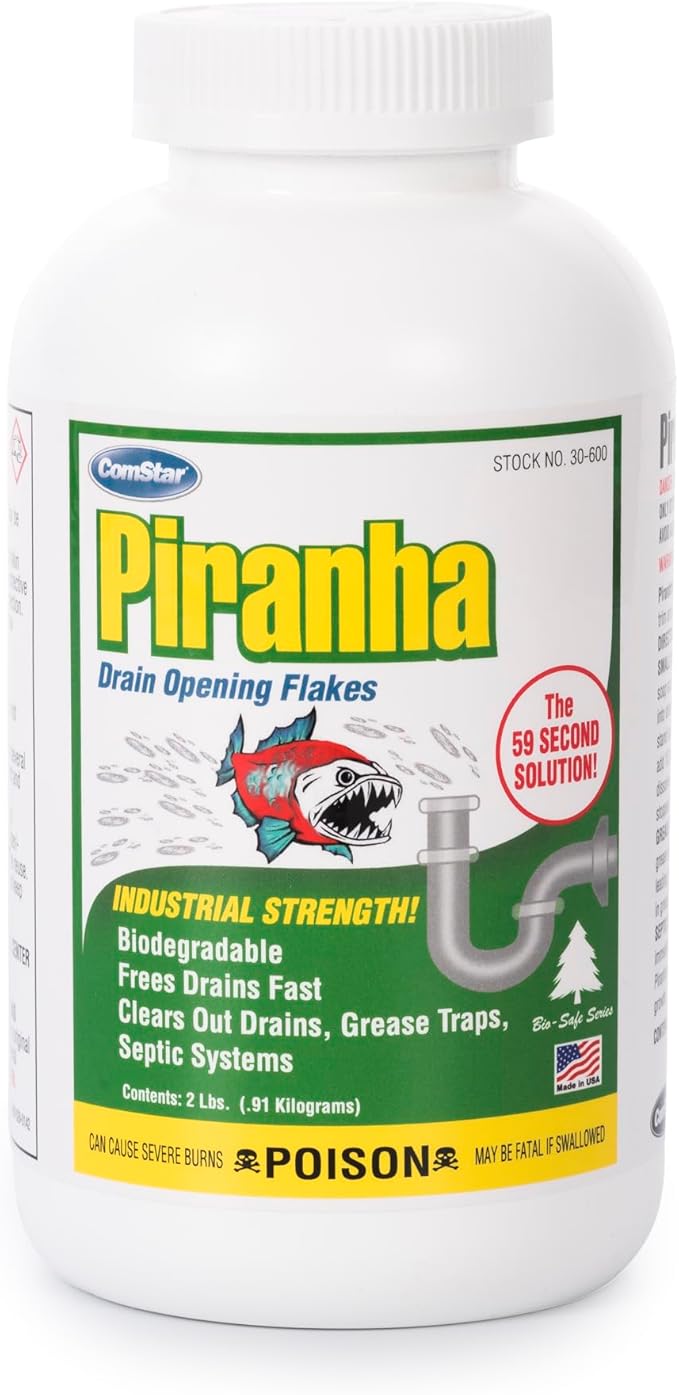 ComStar Piranha - Crystal Flakes, Non-Acid Drain Cleaner That Dissolves Grease, Hair & Root Growth in Sewer Lines Instantly, Made in USA, 2 Pounds (30-600)