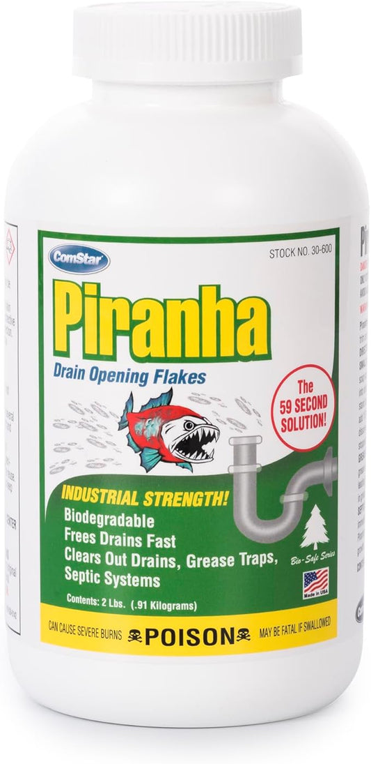 ComStar Piranha - Crystal Flakes, Non-Acid Drain Cleaner That Dissolves Grease, Hair & Root Growth in Sewer Lines Instantly, Made in USA, 2 Pounds (30-600)
