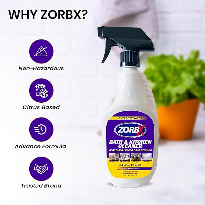 ZORBX Bathroom & Kitchen Odor & Stain Remover Spray (24 oz) - Extra-Strength All-Purpose Floor Cleaner W/Scrub-Free Formula - Fast-Acting Surface Cleaner, Countertop & Sink Cleaning Degreaser