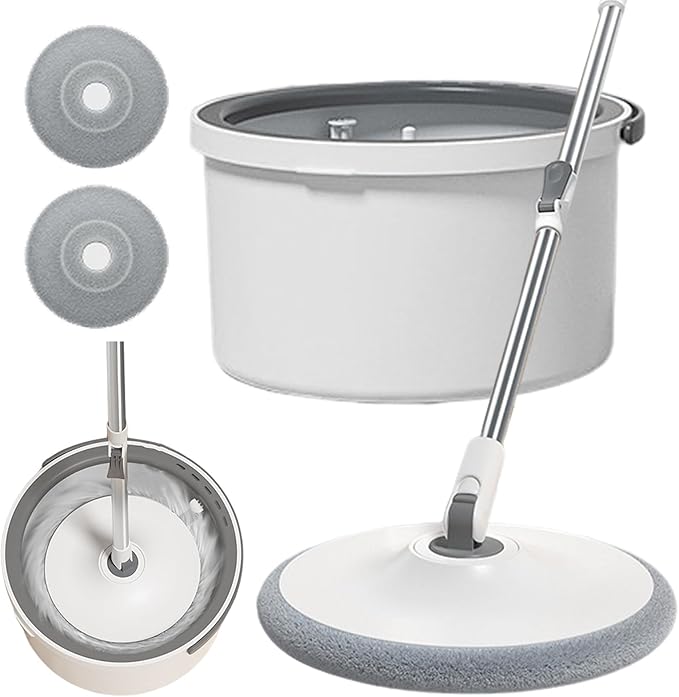 Spin Mop and Bucket Set with 2 microfibra Replaceable Mop Pads Self Separation Dirty and Clean Water System with Self Wringing 360° Rotating Mop-Head for Hardwood Tile Marble Floors (Round)