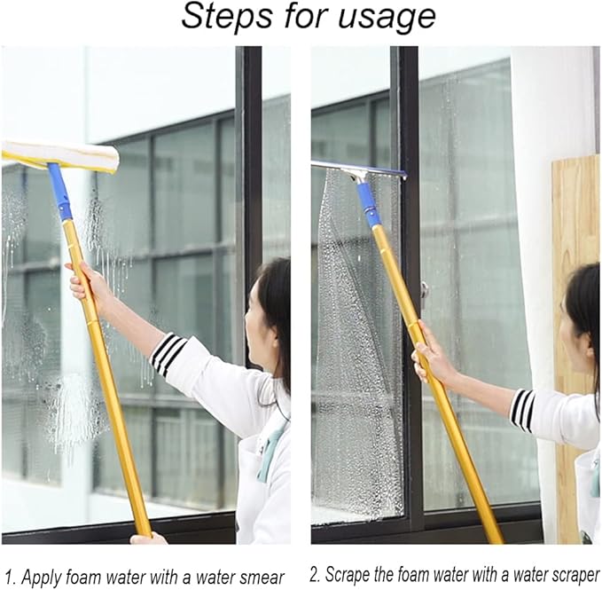 Window Glass Cleaner with Extension Pole 55"/94"/137"/177" Long Handled Cleaning Kit Rubber Wiper for Bathroom, Garage, Window Cleaning Equipment with Microfiber Scrubber (177")