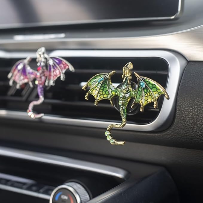 2 Pcs Bling Dragon Car Air Freshener Vent Clips, Crystal Rhinestone and Enamel Dragon Air Vent Clips Car Diffuser Cute Car Interior Decoration Accessories for Women Gift (Green Purple)