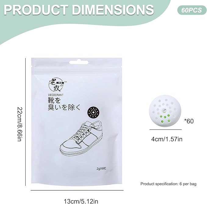 60PCS Sneaker Deodorizer Balls, 1.6 Inch Shoe Smell Balls, Natural Shoe Freshener for Home Office Wardrobe Drawer Car Gym Bags