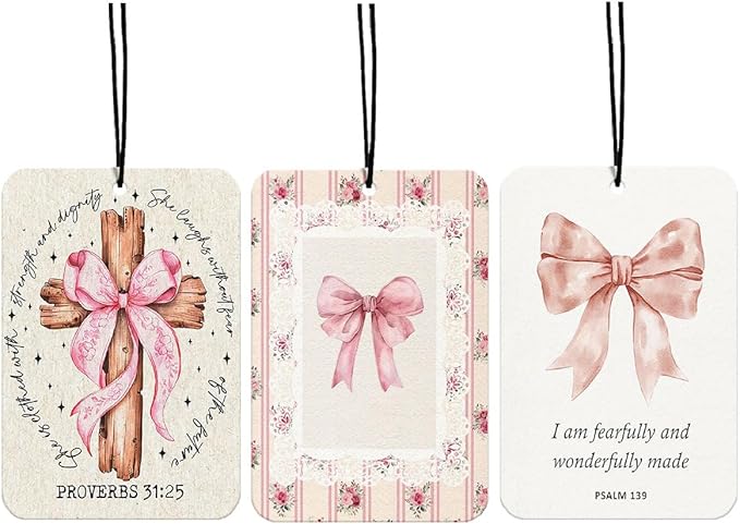 Cross Bows Christian Car Air Freshener Hanging 3Pcs Vintage Bows Bible Verses Car Accessories Interior, PROVERBS 31:25 Coquette Bows Cars Mirror Decor Cross Religious Gifts for Women Men(Lavender)