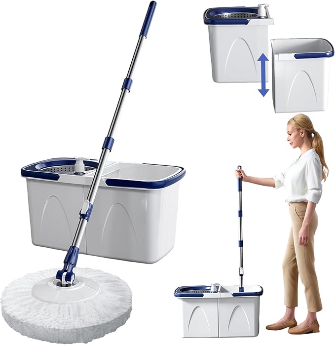 Spin Mop and Bucket Set 43-51" Telescopic Microfiber 15" Round Mop with Wringer, 2 Pads & Detachable 2 Compartment Bucket with Draining Hole for Home ...