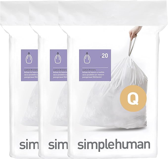 simplehuman Code Q 60 Count, Dispenser Pack Custom Fit Liners, Drawstring Trash Bags, 50-65 Liter / 13.2-17.2 Gallon, White