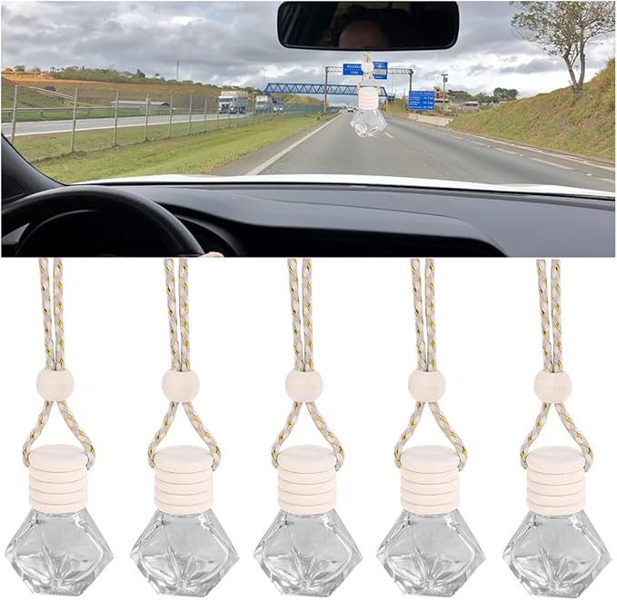 5PCS Hanging Car Air Freshener, 8 ml Oil Diffuser Perfume Aromatherapy Pendant Empty Glass Bottle, Fragrance Ornament with Vent Clip Wooden Cap and Rope, Auto Interior Decoration (Rhombic)