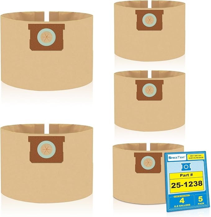 SpaceTent 5 Pack Replacement Shop Vac Filter Bags 25-1238 for Stanley and Porter-Cable 4 Gallon Wet Dry Vacuums PCX18301-4B SL18301-3B, Part# AT25-1238