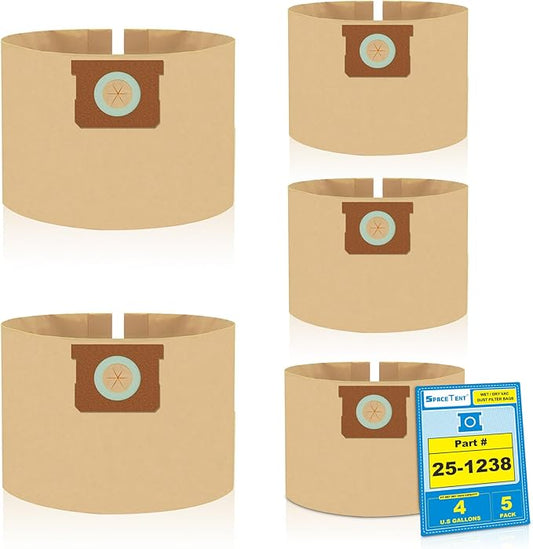 SpaceTent 5 Pack Replacement Shop Vac Filter Bags 25-1238 for Stanley and Porter-Cable 4 Gallon Wet Dry Vacuums PCX18301-4B SL18301-3B, Part# AT25-1238