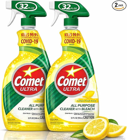 Comet Ultra All-Purpose Cleaner Spray with Bleach, Disinfecting Bathroom & Kitchen Surface Cleaner, Lemon Fresh Scent, 32 fl oz (Pack of 2)