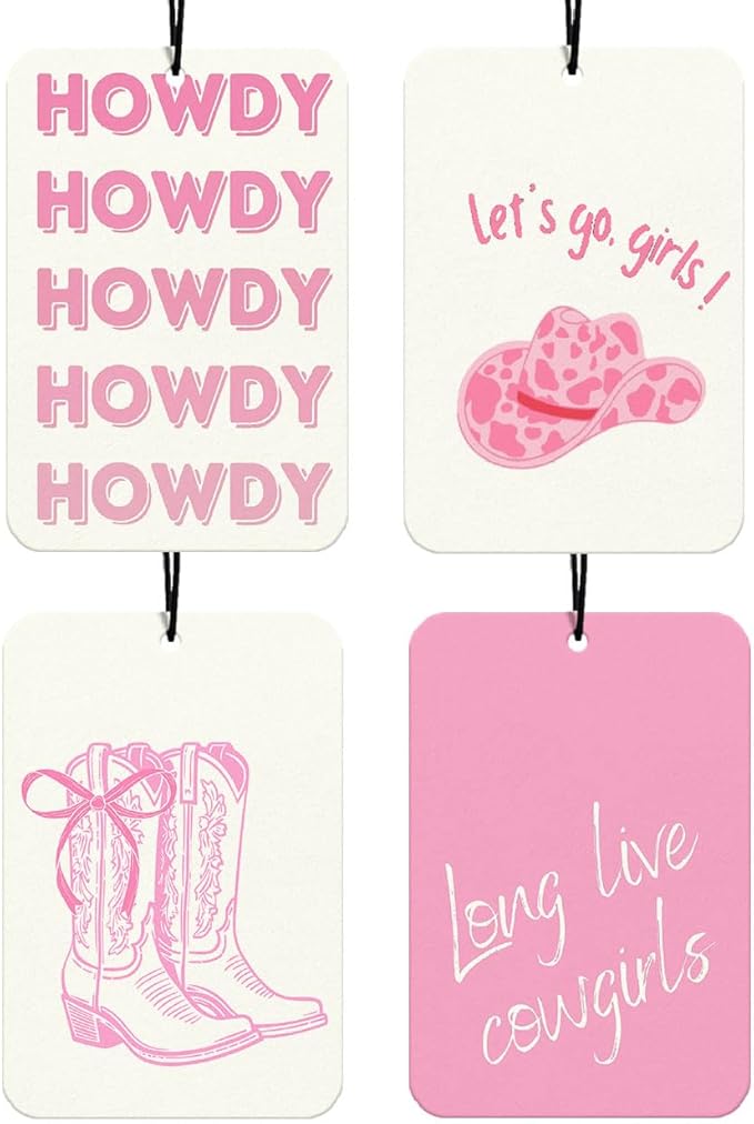 Pink Bows Western Car Air Freshener 4Pcs, Let's Go Girls Cowgirls Western Car Accessories Hanging, Trendy Pink Cars Scents Mirror Decor Retro Cowgirls Boots Cute Air Freshies for Women Teens(Vanilla)
