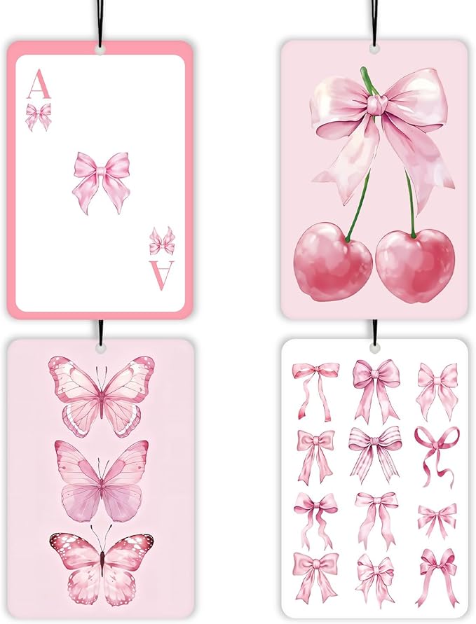 Coquette Preppy Pink Lavender Car Air Freshener 4 Pcs, Girly Bow Poker Cherry Butterfly Air Freshener Hanging Decor for Cars Closet Drawer Books, Cute Areadeodorizer Gifts for Women Girls