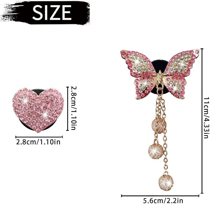 Pink Heart & Butterfly Air Vent Clips, 4 Pcs Bling Heart & Butterfly Air Fresheners Vents Clips Diamond Car Interior Decor Bling Cute Pink Car Accessories Decoration for Women + Heart Mask Hook