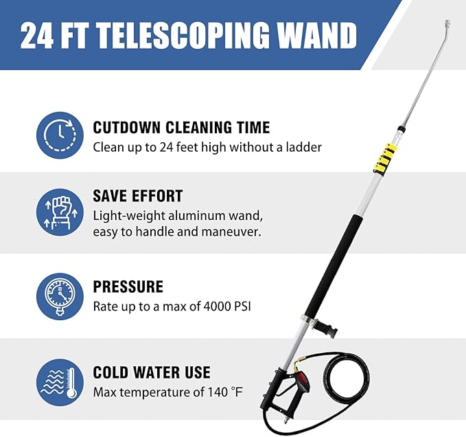 JANZ 24 FT Pressure Washer Telescoping Wand with Power Washer Extension Wands, Brush Head, Gutter Cleaner, 7 Spray Nozzle Tips, 2 Hose Adapters and Support Belt TW-004
