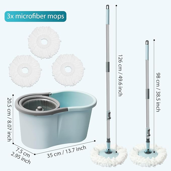 Spin Mop and Bucket with Wringer Set, Operable 360° Rotating Mop Bucket Set with 3 Microfiber Replacement Head, Stainless Steel Extended Handle for Floor Cleaning Home Office（Blue）