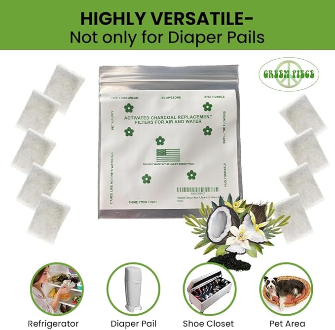 Green Piece® Pack of 12 +1 - Compatible with Diaper Genie - All Natural Baby Diaper Pail Deodorizer - Overstuffed - Activated Charcoal Air Purifier - * Made by Green Piece in the USA *