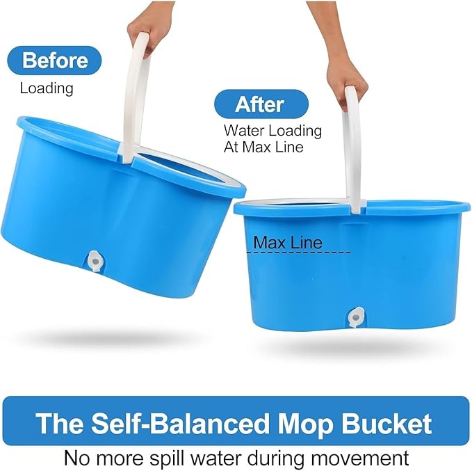 360° Spin Mop and Bucket System with Wringer - 61" Stainless Steel Handle & 3 Microfiber Refills, Self-Cleaning Floor Mop for Tile, Hardwood, Laminate Floors (Blue and White)