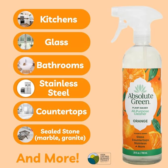 Absolute Green All Purpose Cleaner Spray, Non-Toxic, Kitchen, Bath, Countertop, Stainless, Safe around Kids + Pets, Natural Orange Scent, 25 oz (6 Pack)