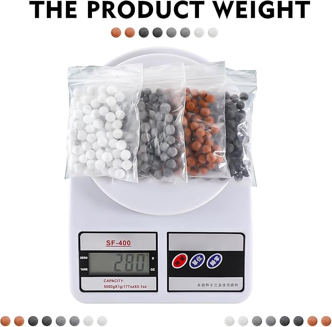 Patelai Replacement Anion Mineral Shower Head Bead Refills Purifying Water Mineral Bead Filtration Stone Ball for Filtered Shower Head, Diameter 7-8 mm(280.0 Grams,Orange, Gray, White, Black)