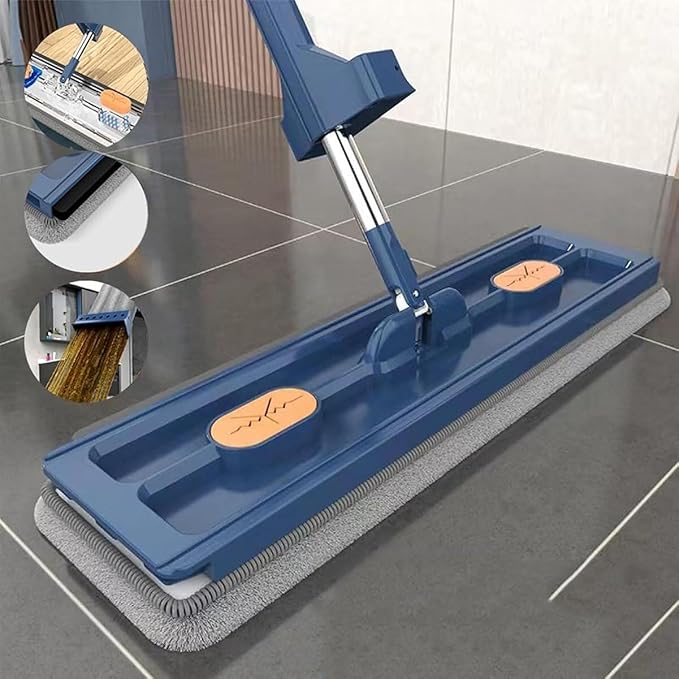Large Flat Mop, 2023 New Large Flat Mop, Large Surface Flat Mop, Wall Cleaning with Long Handle, Reusable Portable Wet & Dry Lazy 12027(Blue Mop+2pcs Rag)