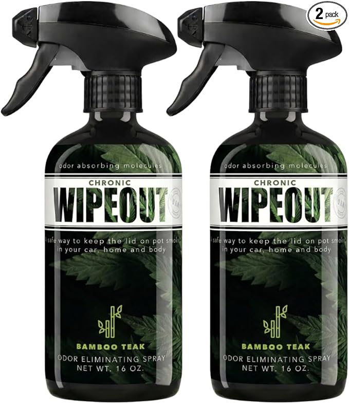 Chronic Wipeout Smoke Smell Eliminator for Home, Cars, Hands, Hair, Clothes, & More | Smoke Odor Eliminating Spray for All Kinds of Strong Smoke | Gifts for Smokers - Bamboo Teak 2 Pack (16 oz)