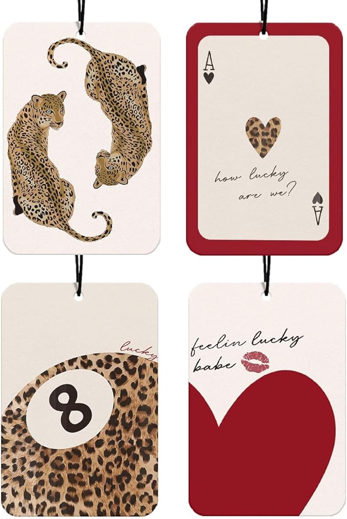Red Retro Leopard Car Air Freshener 4Pcs, Lucky 8 Ball Cheetah Print Car Accessories Interior, Lucky Heart Cheetah Girly Mirror Decor Hanging Air Freshie for Women Cars Closet Drawer(Vanilla)