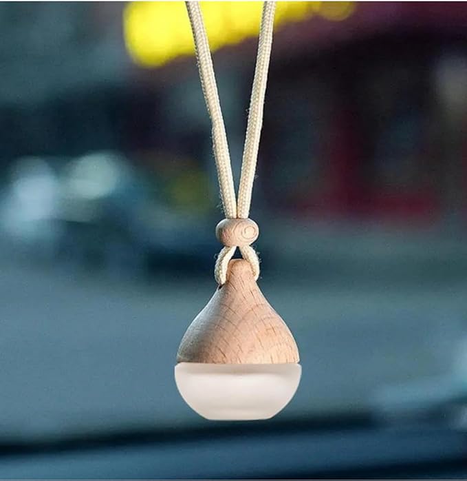 3 Pcs Hanging Car Air Freshener Diffuser Bottles – 6ml Refillable Essential Oil Aromatherapy Perfume Pendant, Clear Empty Glass with Wooden Cap & String for Vehicle Decoration