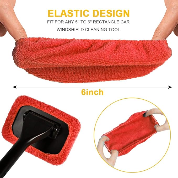 Car Care Microfiber Cloths for Windshield Cleaning Tool, Windshield Cleanner Wand Replaceable Glass Cleaning Bonnets, Interior Auto Window Cleaner Washing Pads, Fit 5”, Red, 5 Pack