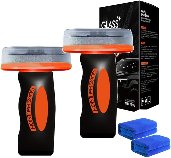 Car Glas Guard, Glass Guard Windshield Cleaner, Car Window Oil Film Remover, Handheld Glas Emulsion Coating Cleaning Brush, Improve Clarity and Visibility with Refill Liquid (2pcs)