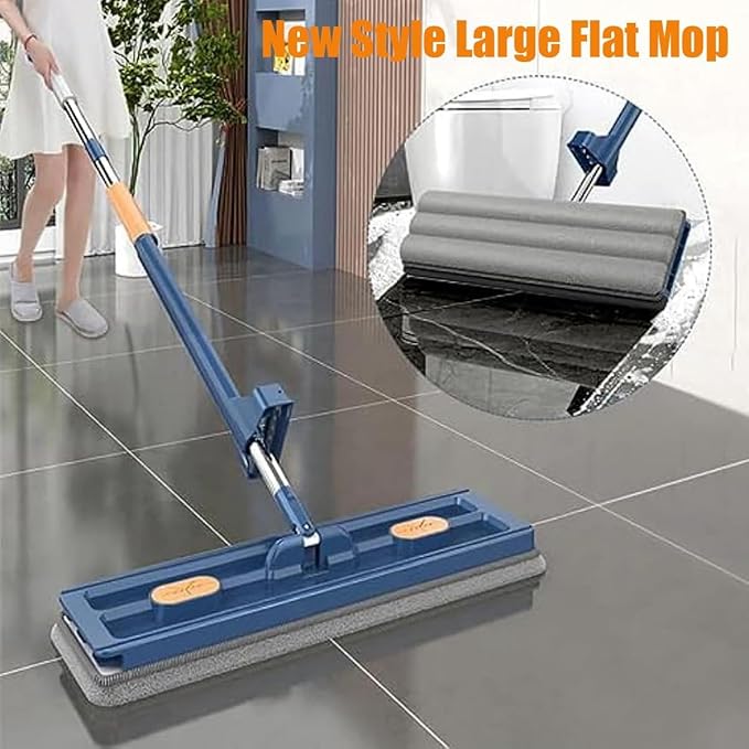 Large Flat Mop, 2023 New Large Flat Mop, Large Surface Flat Mop, Wall Cleaning with Long Handle, Reusable Portable Wet & Dry Lazy 12027(Blue Mop+2pcs Rag)