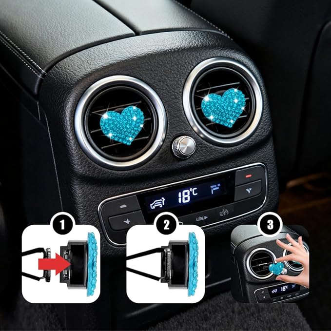 4PCS Heart-Shaped Car Vent Clip with Rhinestone, Vent Clip Car Accessories, Sparkly Rhinestone Bling Diamond Freshener Holder, Air Conditioning Outlet Ornament for Women Girls (Blue, Style1)