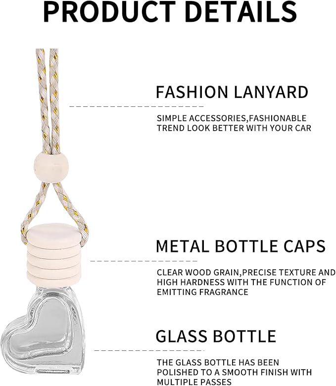 5PCS Hanging Car Air Freshener, Auto Interior Decoration 8 ml Oil Diffuser Perfume Aromatherapy Pendant Empty Glass Bottle, Fragrance Ornament with Vent Clip Wooden Cap and Rope (Heart)