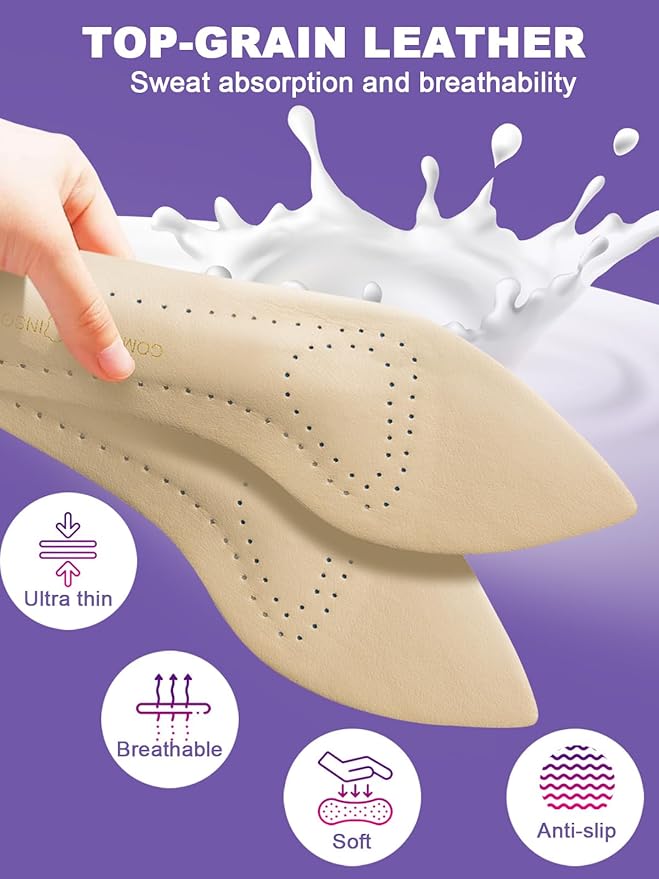 Leather Sockless Shoe Insoles for Men, Thin Dress Work Boots Inserts - Shock Absorption, Anti Sweat & Anti-Odor, for Athletic Shoes, Leather Shoes (Skin-Colored Pointed Toes, Sharp-Apricot-35-36)