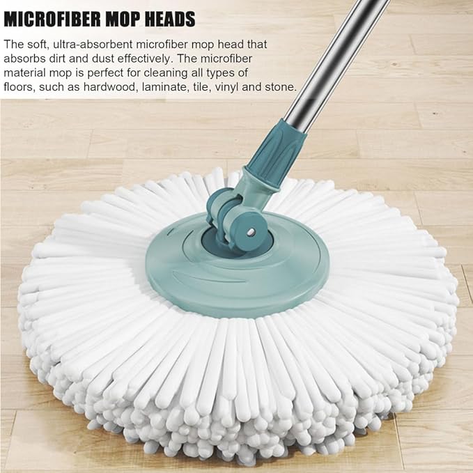 Spin Mop and Bucket Set with Wringer and 2 Extra Microfiber Heads for Floor Cleaning, Hand-Free Floor Cleaning Tools for Hardwood, Wood, Tile, Laminate